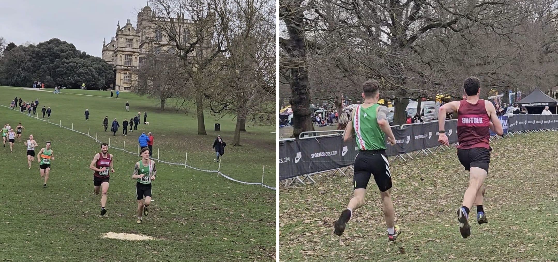 Men running in a cross country race sprinting to the finish